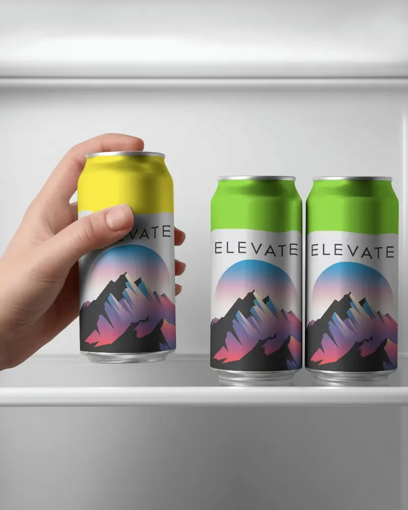 Three Hand Holding Aluminum Can Mockup On Fridge Shelf For Cool Drink Presentation