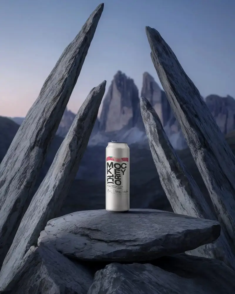 Premium Beverage Can Mockup On Rocky Mountain Peak For Outdoor Brand Promotion