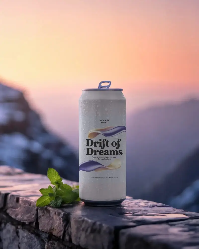 Outdoor Cold Drink Can Mockup With Natural Landscape Background Sunset