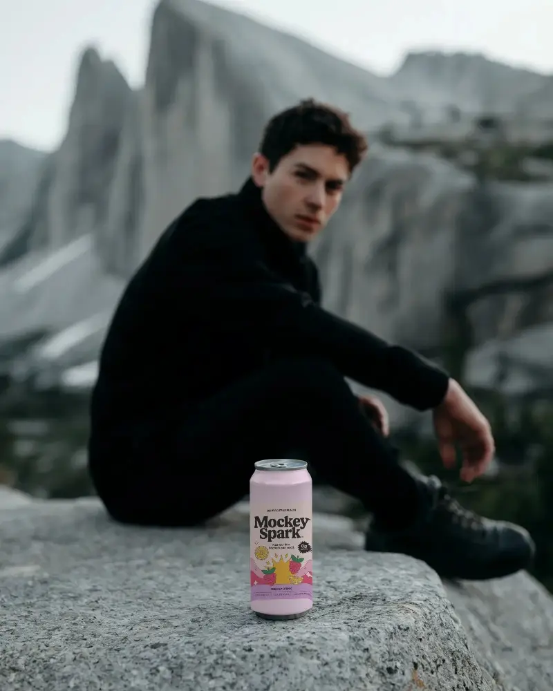 Realistic Cold Beverage Can Mockup In Mountain Setting For Product Promotion Ideas