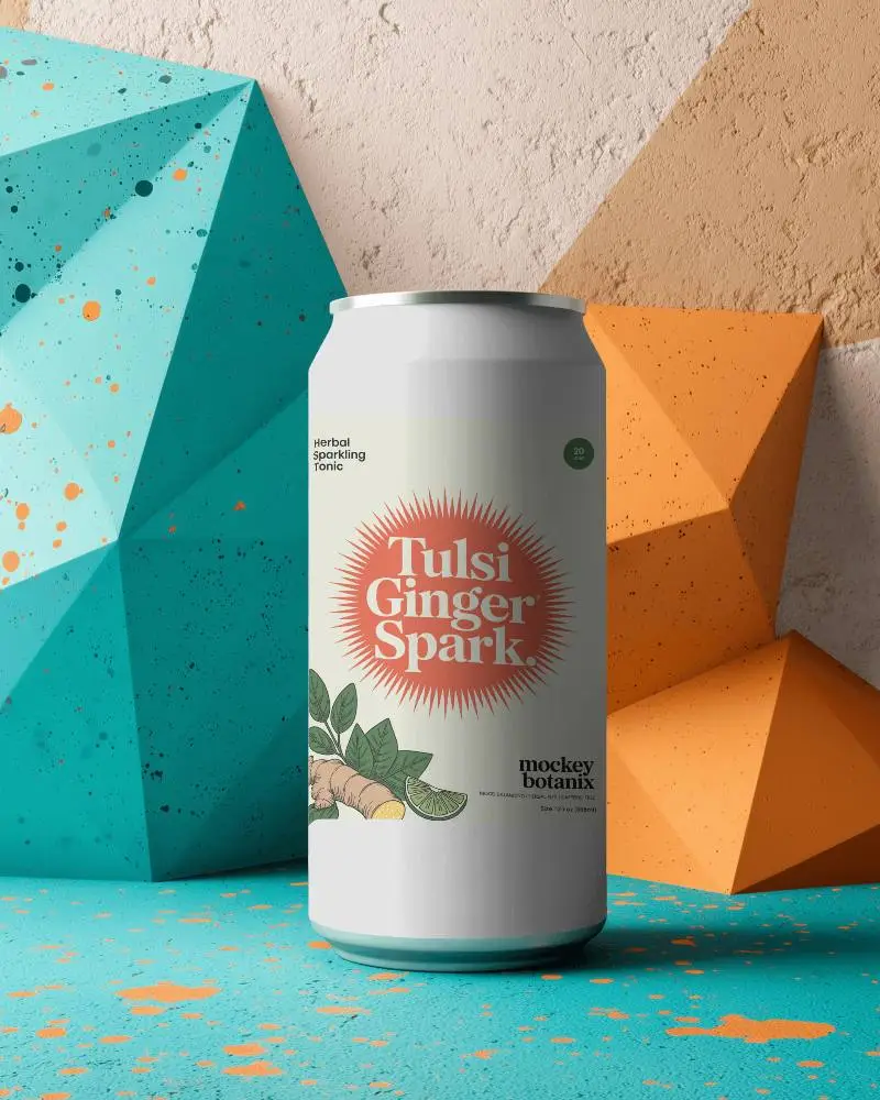 Blank Beverage Can Mockup With Modern Abstract Geometry Background High Resolution