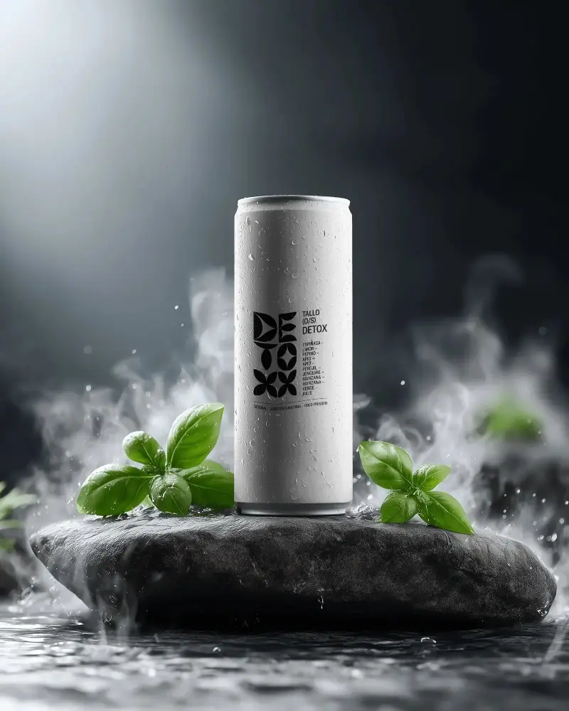 High Resolution Cold Beverage Slim Can Mockup With Water Droplets And Fresh Herbs On Stone Surface