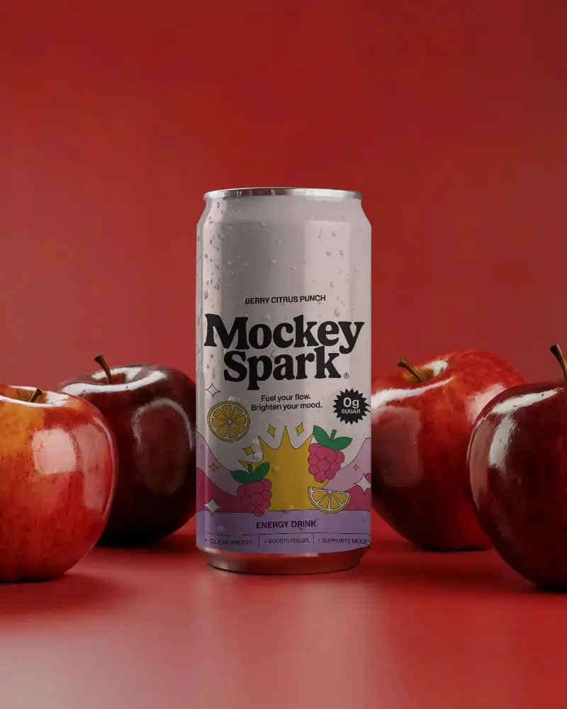 Sleek Metallic Beverage Can Mockup Surrounded By Fresh Apples On Solid Background