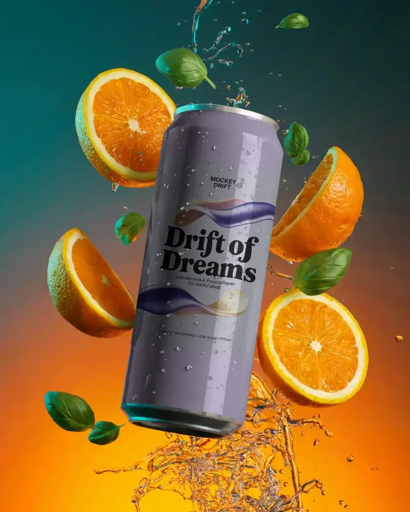 Refreshing Citrus Beverage Can Mockup With Splash And Fresh Ingredients For Brand Presentation