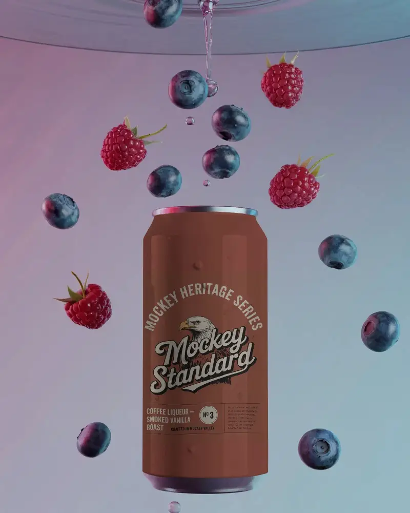 Refreshing Fruit Beverage Can Mockup With Floating Berries And Waterdrop Effects For Branding