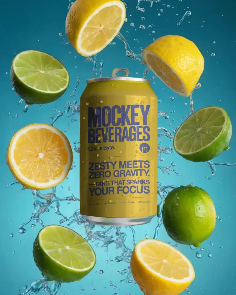 Refreshing Citrus Beverage Can Mockup With Water Splash And Fruit Slices Background