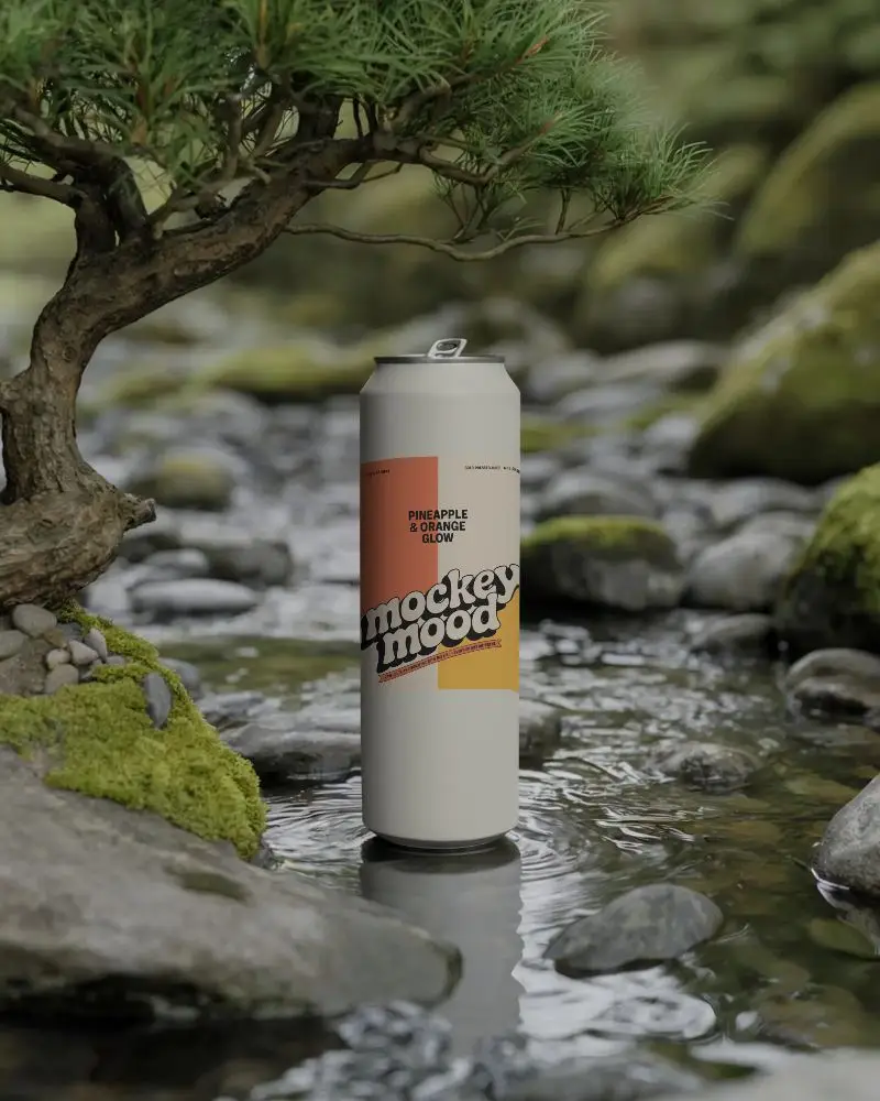 Tall Aluminum Can Mockup On Rocky Stream Setting For Drink Branding Display