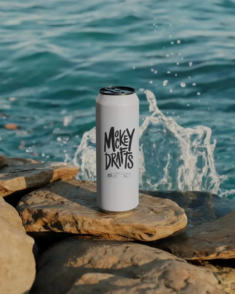 Premium Beverage Can Mockup Placed On Rough Rocks With Seaside Water Splash Nature Theme