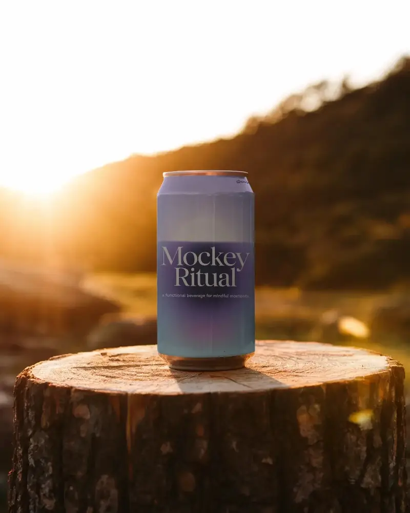 Realistic Can Mockup With Sunset Lighting On Tree Trunk Ideal For Product Display