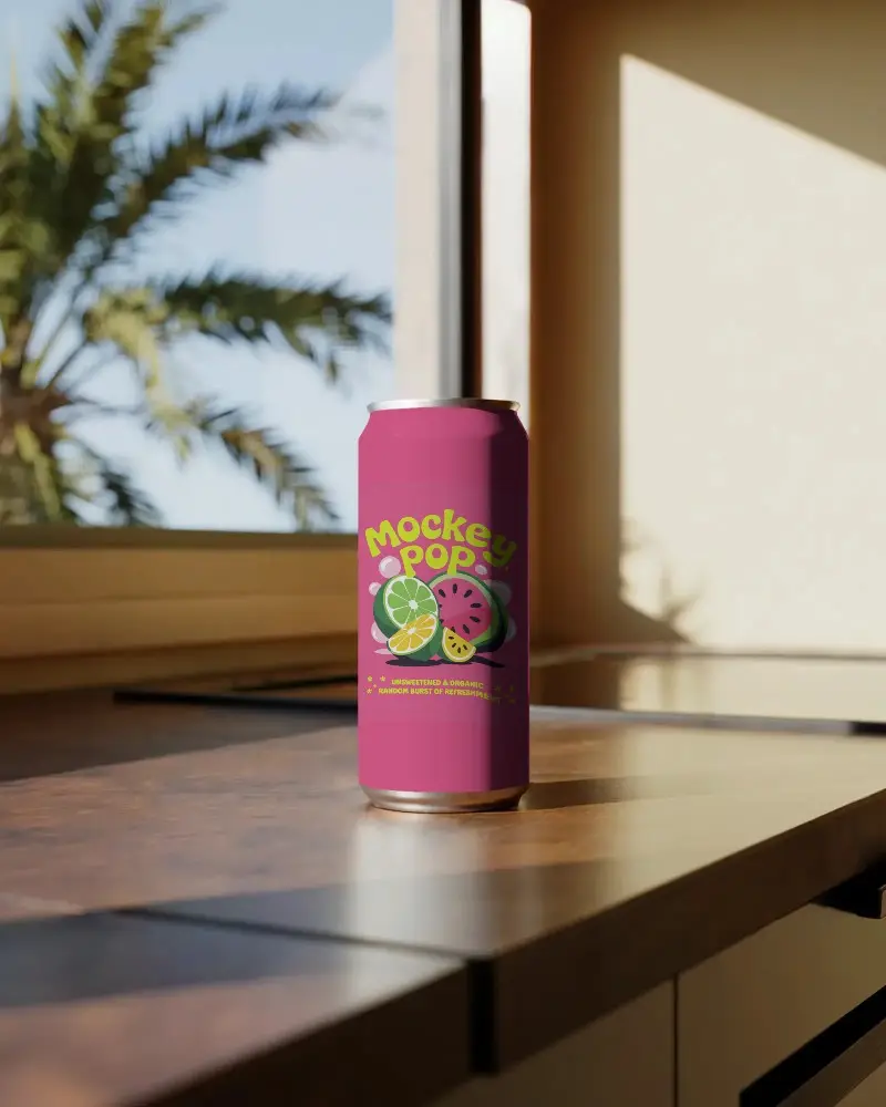 Sleek Modern Beverage Can Mockup On Kitchen Counter With Natural Lighting Background