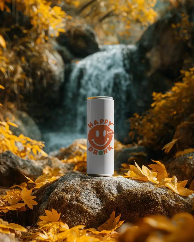 Nature Inspired Beverage Can Mockup With Waterfall Background And Forest Leafy Setting
