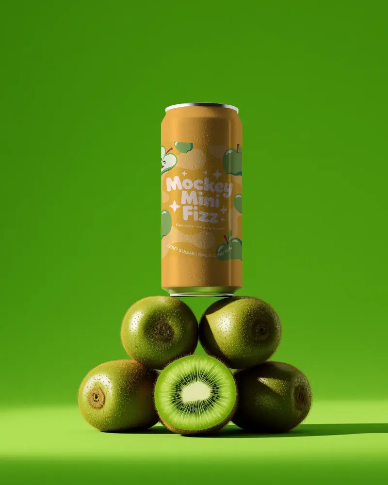Sleek Tall Beverage Can Mockup On Pyramid Of Whole And Sliced Kiwi Fruits Green Background