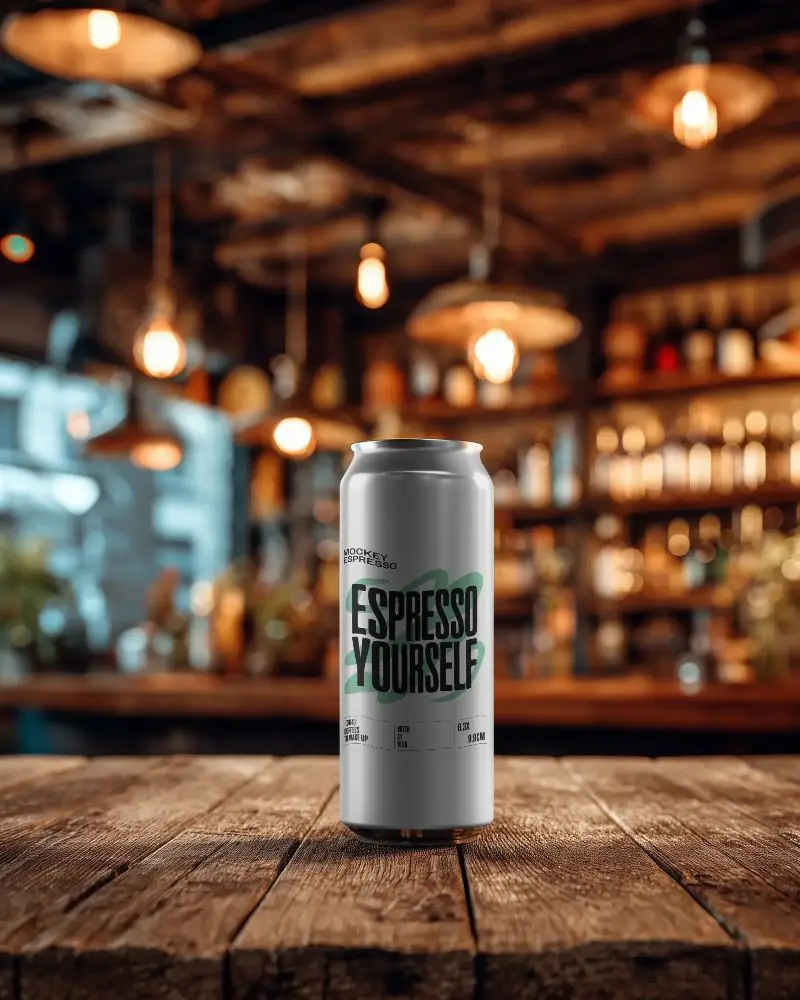 Sleek Tall Can Mockup On Rustic Wooden Table With Blurred Vintage Bar Background Environment