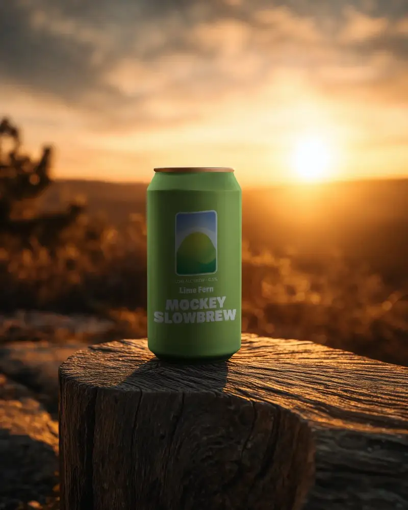 Mountain View Beverage Can Mockup Sunset Outdoor Refreshing Drink Packaging Template