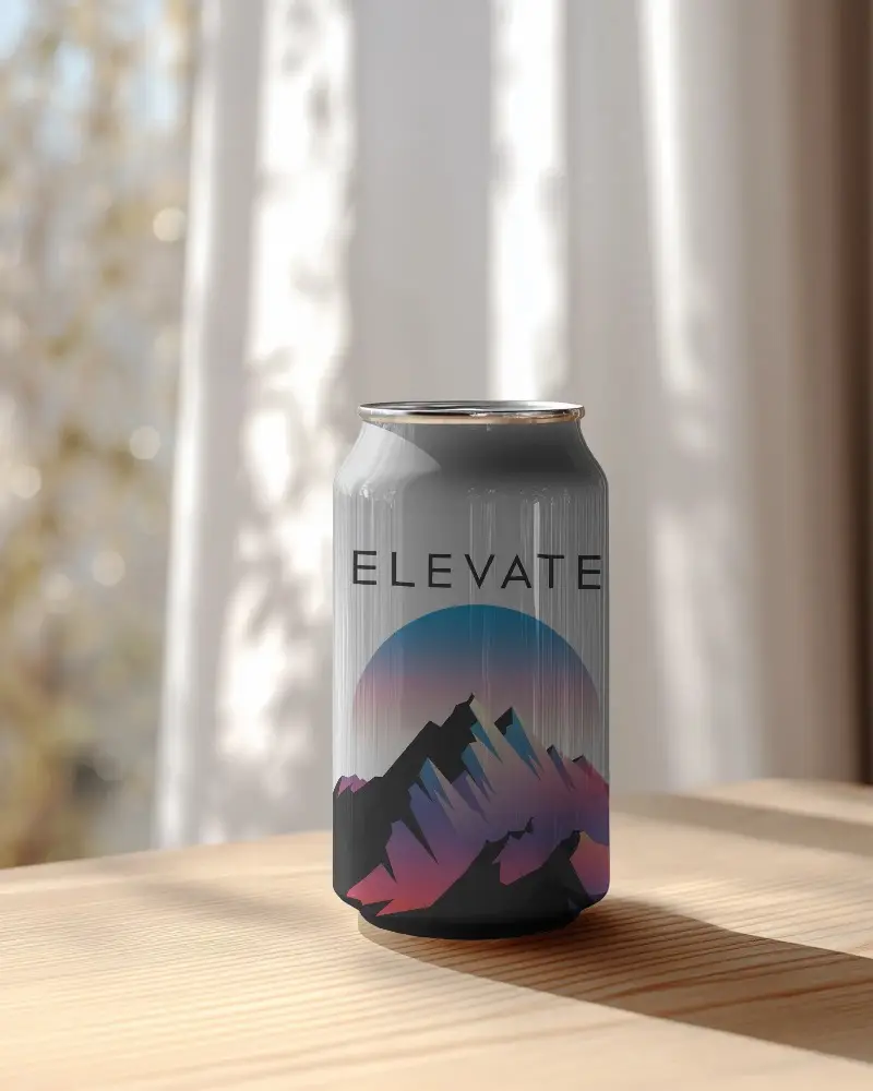 Premium Quality Drink Can Mockup Sitting On Light Wood Table With Subtle Background