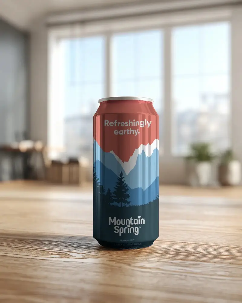 Sleek Metal Can Mockup Standing On Wooden Surface With Blurred Modern Interior Background