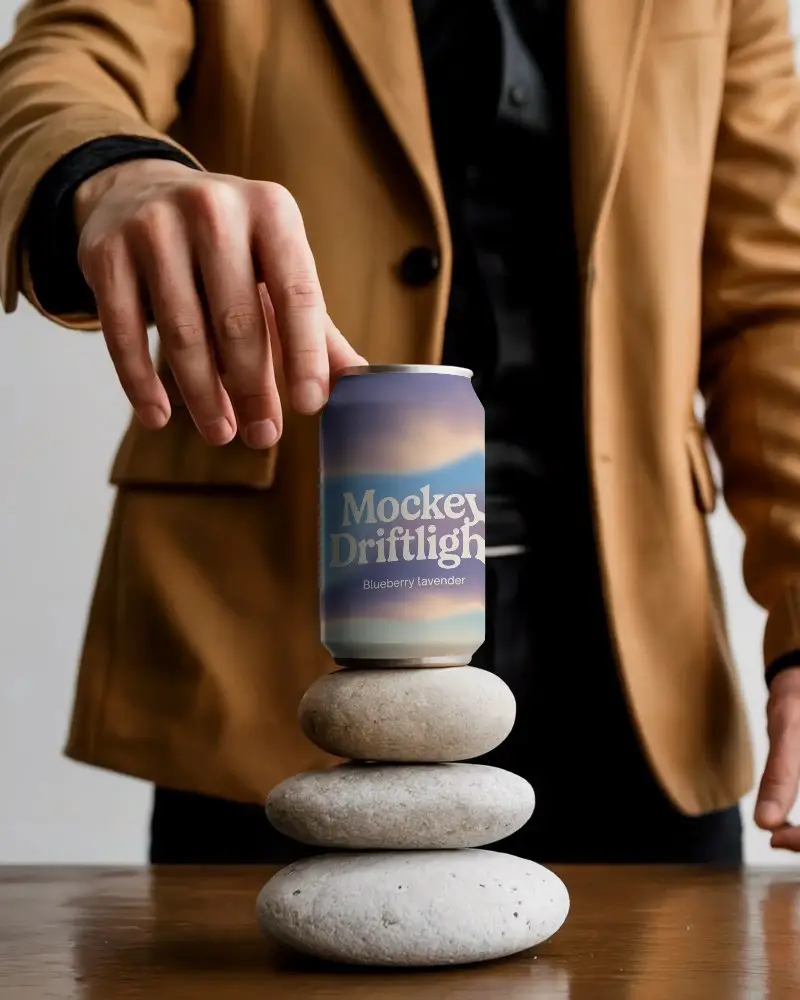 Sleek Aluminum Can Mockup Hand Placing On Stacked Smooth Stones Modern Minimalist Style