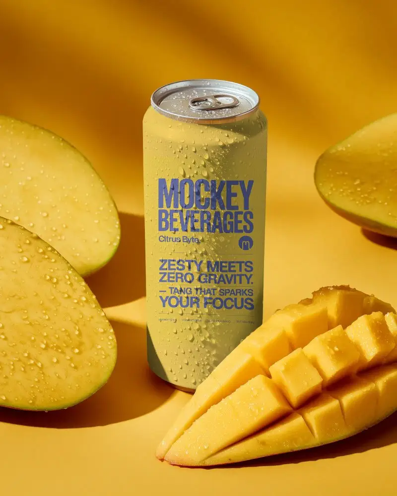 Cold Sweat Aluminum Can Mockup Set With Fresh Sliced Mangoes For Fruit Beverage Design