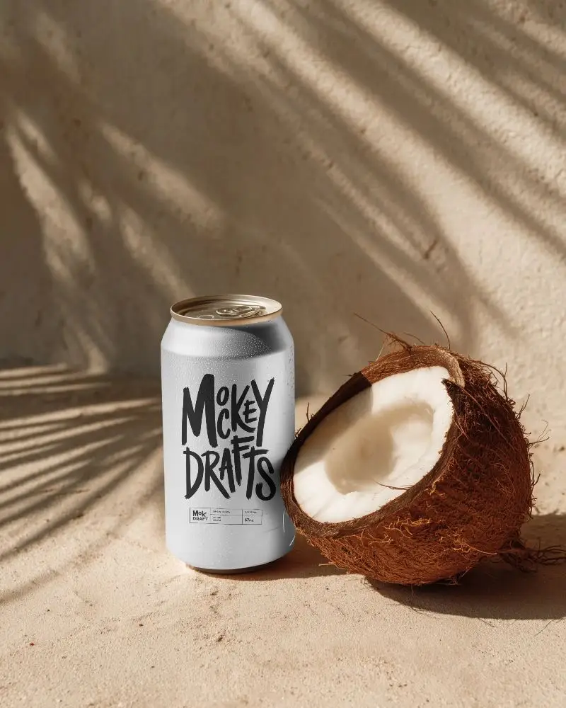 Realistic Beverage Can Mockup With Textured Coconut Summer Inspired Natural Setting