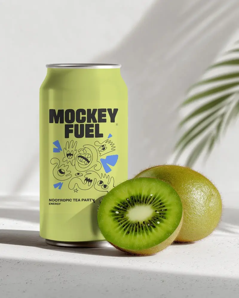 Refreshing Kiwi Flavored Beverage Can Mockup With Fresh Kiwi Fruit On Minimalist Background