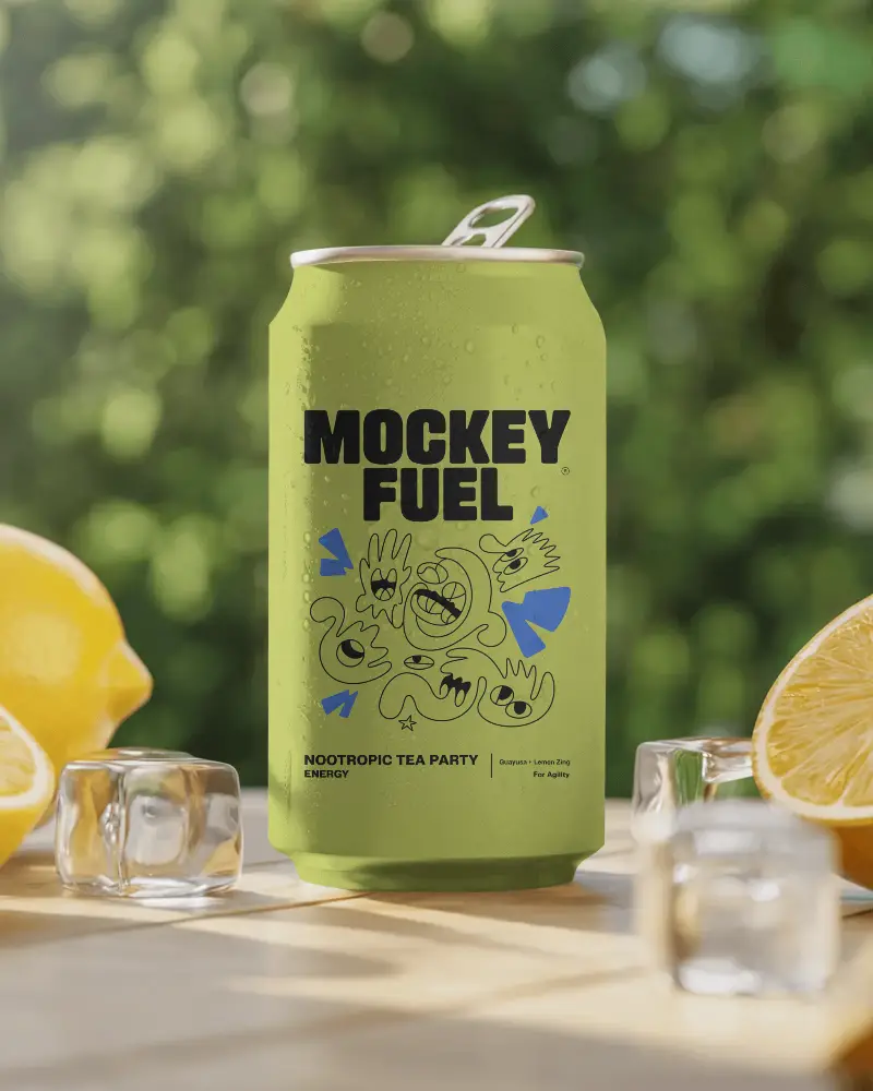 Sleek Metal Can Mockup For Beverages Surrounded By Fresh Lemons And Ice Cubes