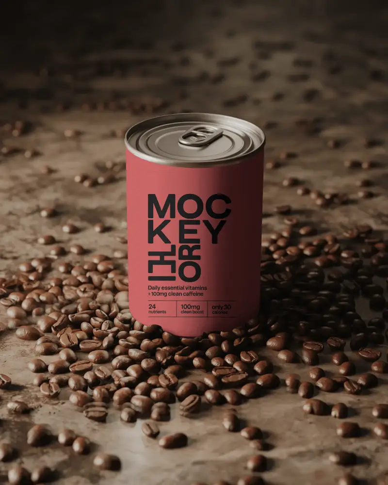 Realistic Coffee Can Mockup With Scattered Coffee Beans For Product Presentation Design