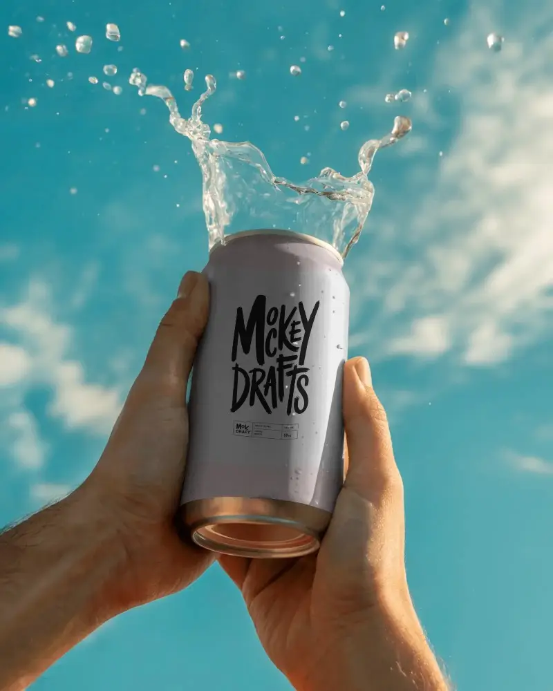 Hands Holding Water Splash Can Mockup Drink Packaging Design Promotional Image