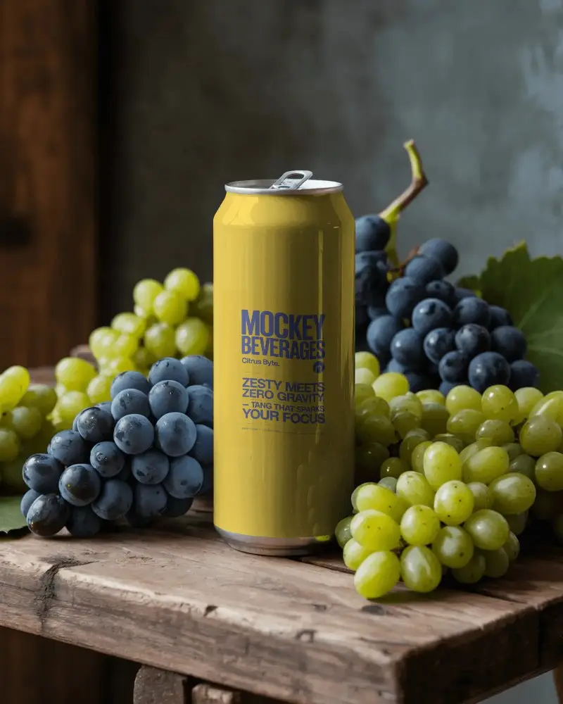 Premium Beverage Can Mockup On Wooden Surface With Fresh Grape Fruit For Marketing Presentation