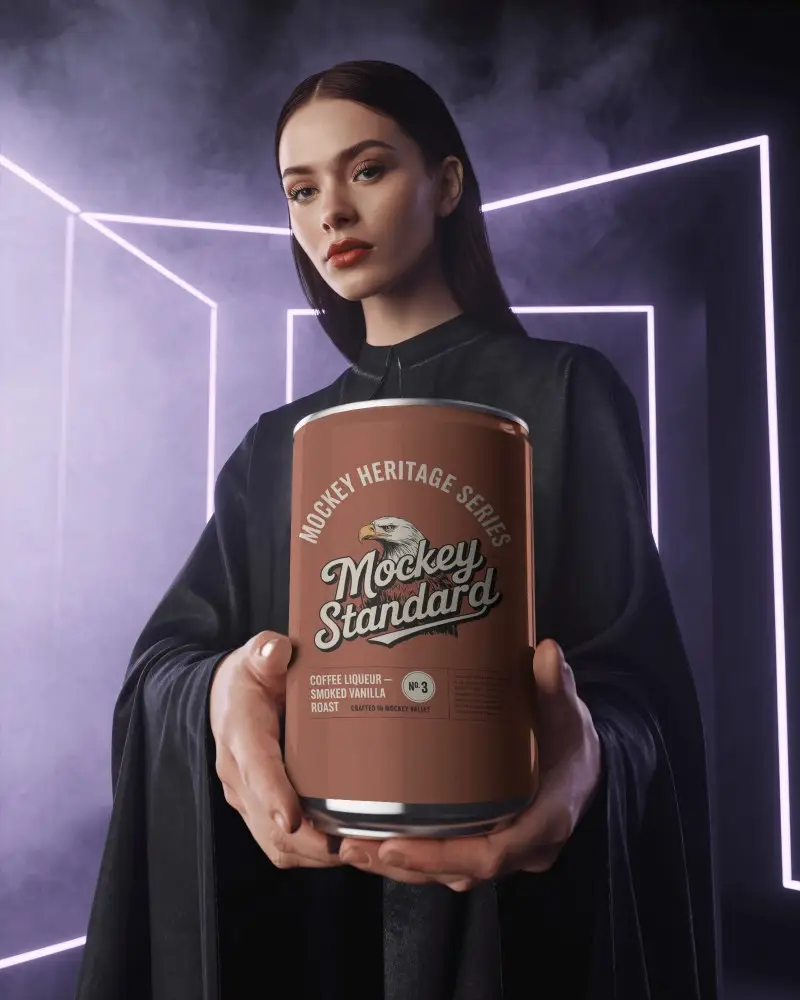 Futuristic Can Mockup Dark Elegant Model Holding Metallic Beverage With Purple Neon Lighting