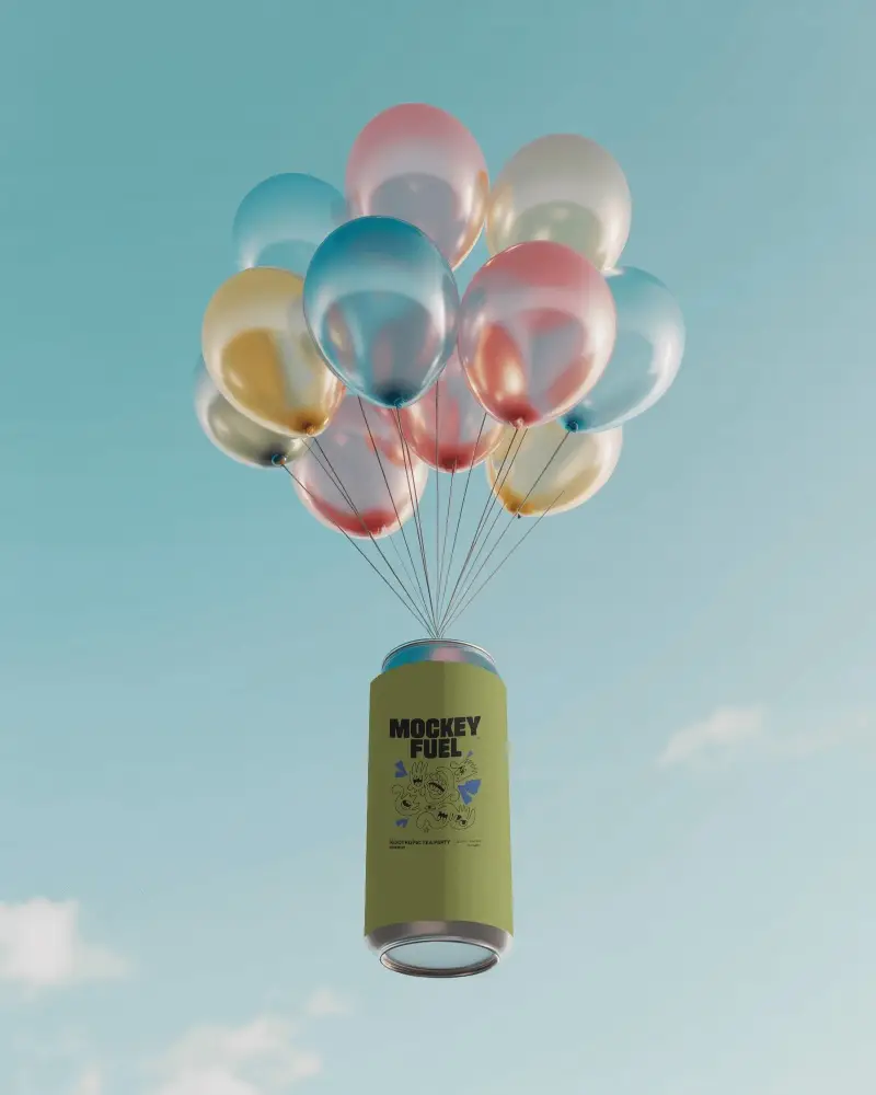 Floating Balloon Can Mockup Colorful Helium Balloons Lifting Metal Beverage In Sky