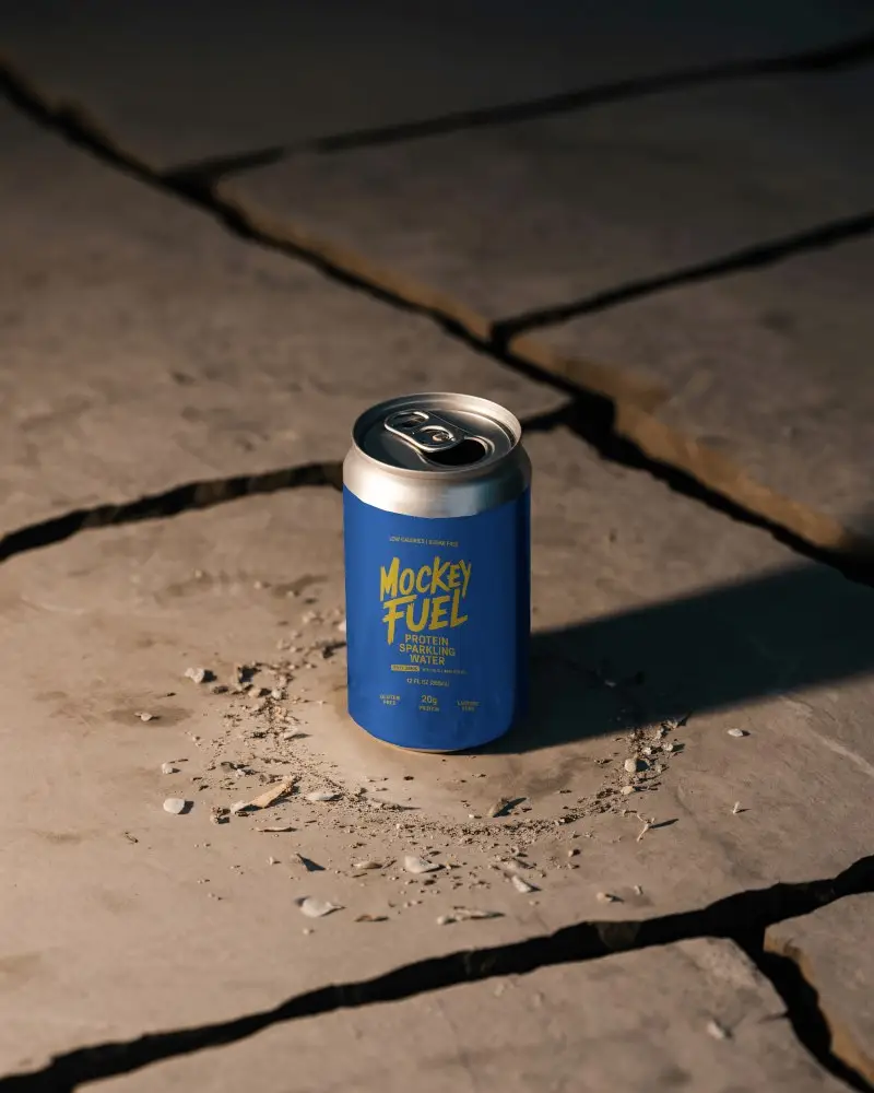 Rugged Ground Can Mockup Metallic Beverage Standing On Broken Stone Surface With Dust