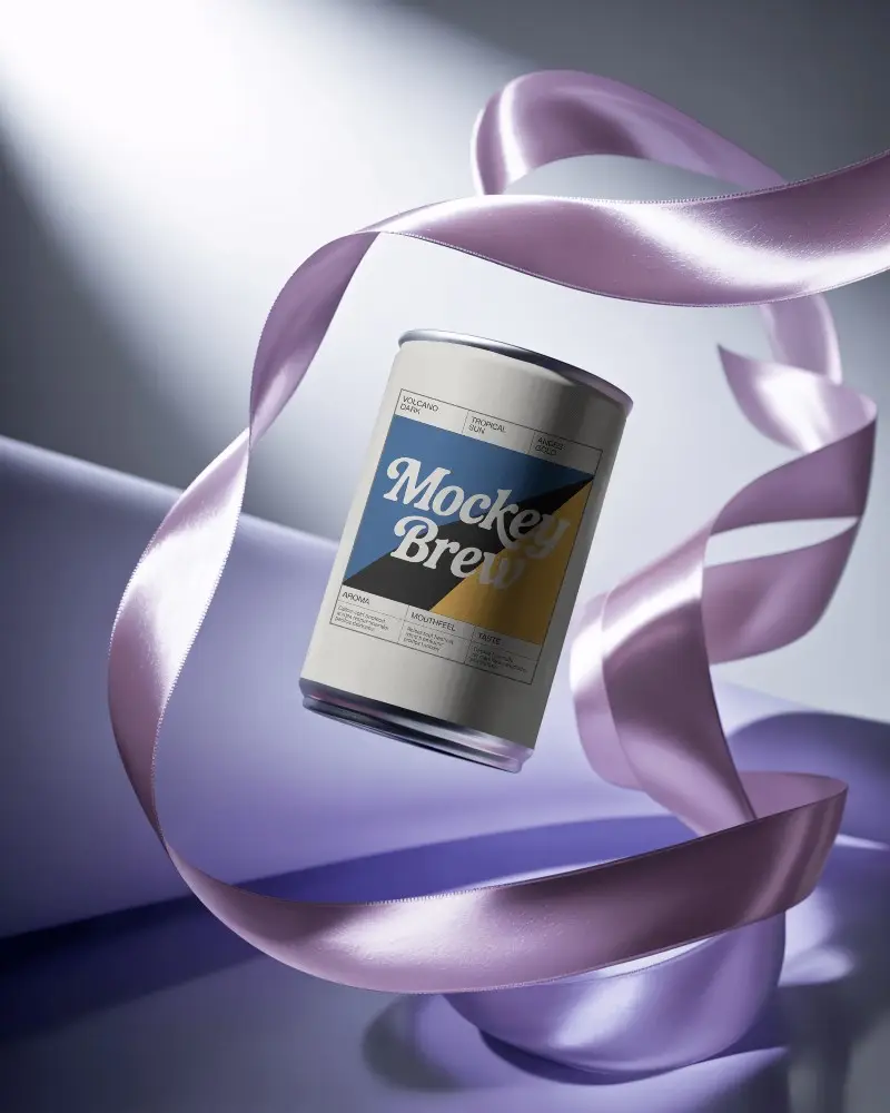 Elegant Floating Can Mockup Metallic Beverage Surrounded By Satin Ribbon In Soft Light