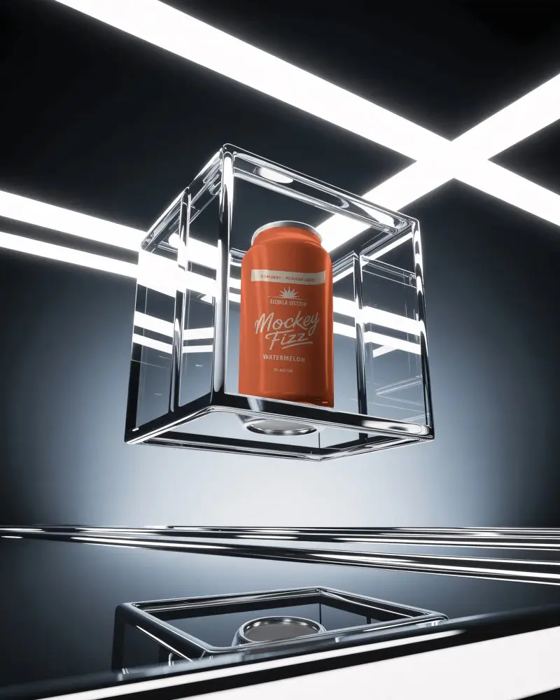 Futuristic Glass Cube Can Mockup Metallic Beverage Floating In Modern Illuminated Space