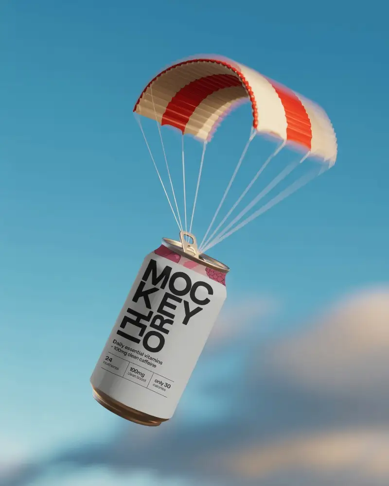 Parachute Can Mockup Floating Metal Beverage With Striped Chute In Clear Blue Sky
