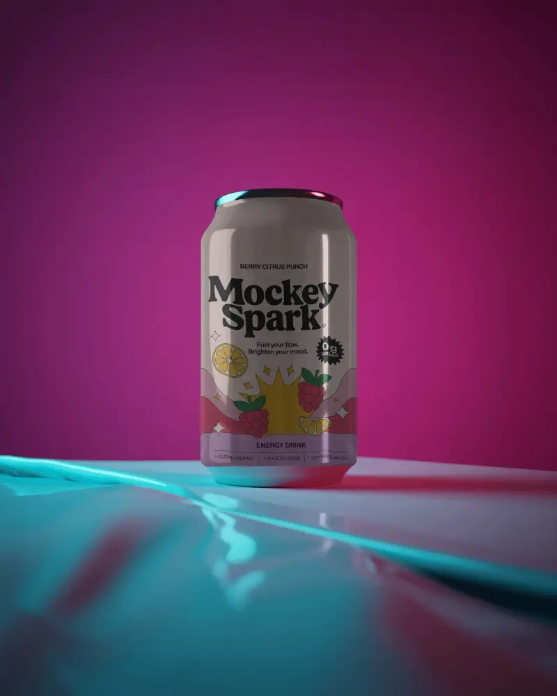 Neon Glow Can Mockup Dark Metallic Drink With Pink And Cyan Reflective Lighting