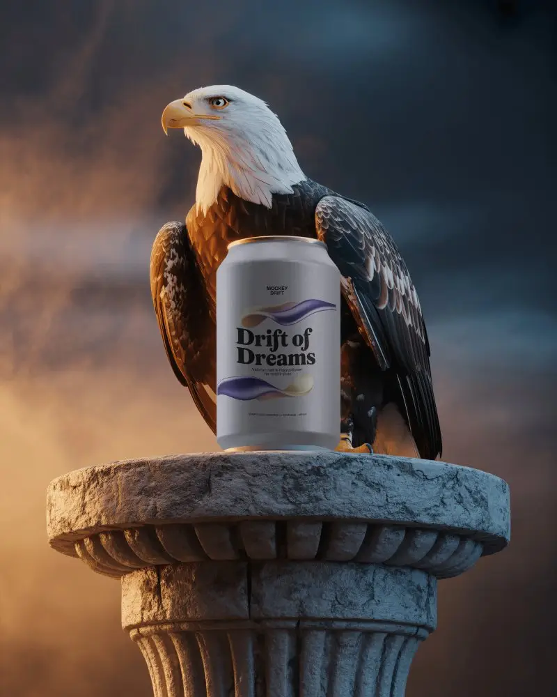 Majestic Eagle Can Mockup Bird Perched On Stone Pillar With Metal Beverage And Dramatic Light