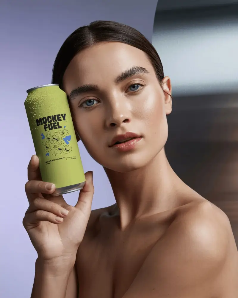 Beauty Portrait Can Mockup Minimal Fashion Model Holding Cold Beverage With Dew Drops