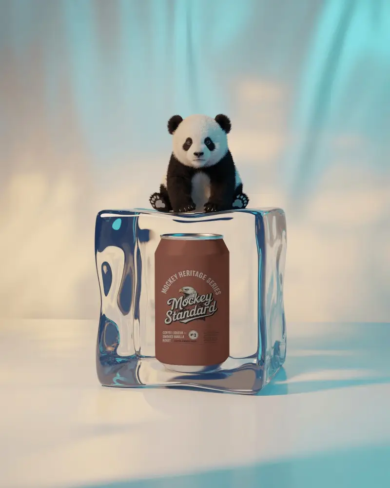 Cute Panda Can Mockup Adorable Bear Sitting On Glass Ice Block With Metal Beverage