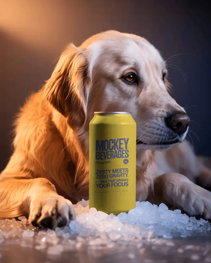 Golden Retriever Can Mockup Dog Lying On Ice With Chilled Metal Beverage In Soft Light