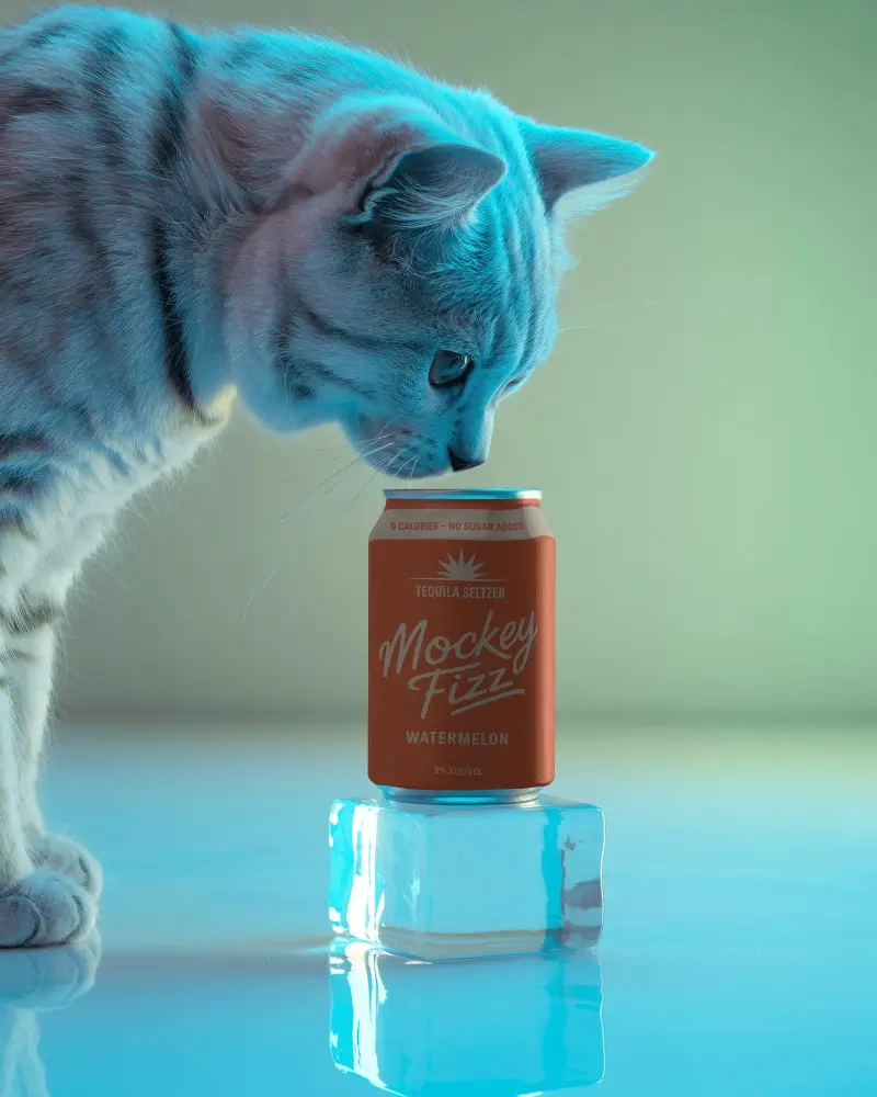 Curious Cat Can Mockup Feline Inspecting Chilled Beverage On Ice Block With Soft Light