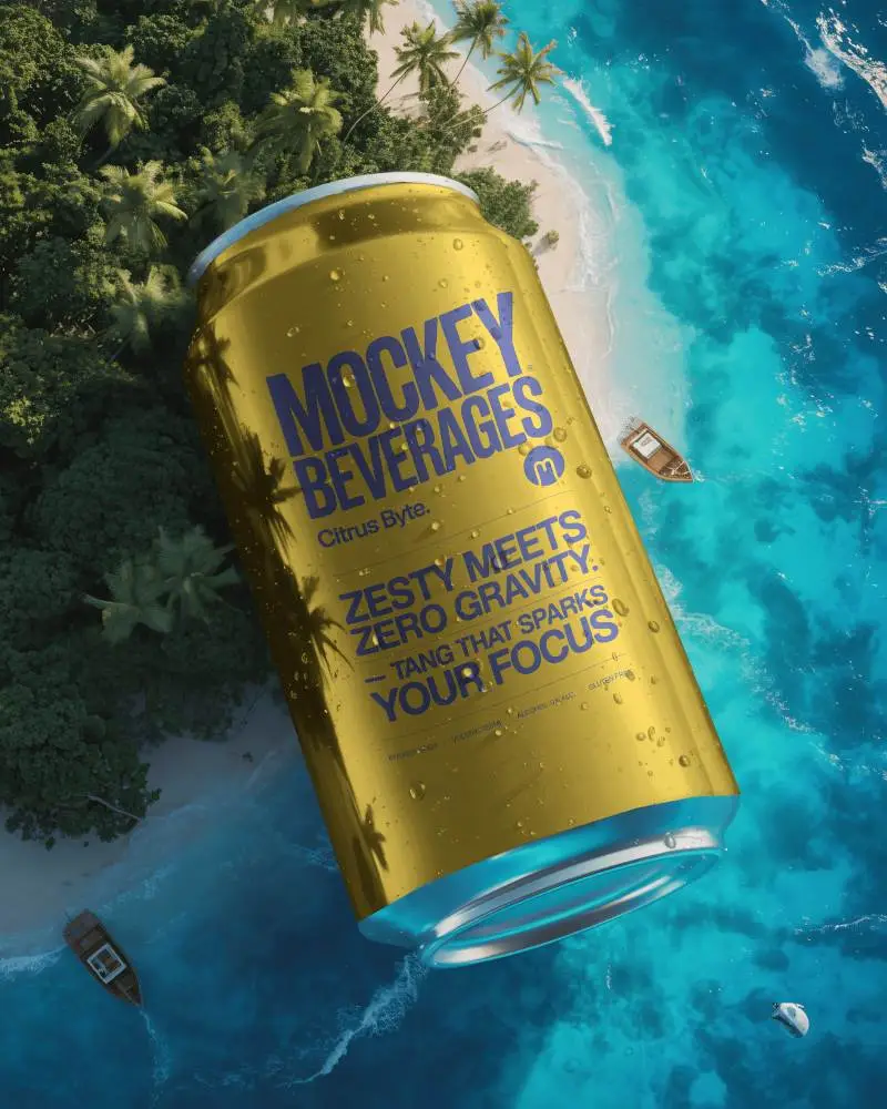 Tropical Island Can Mockup Giant Metal Beverage Over Ocean With Lush Green Shore