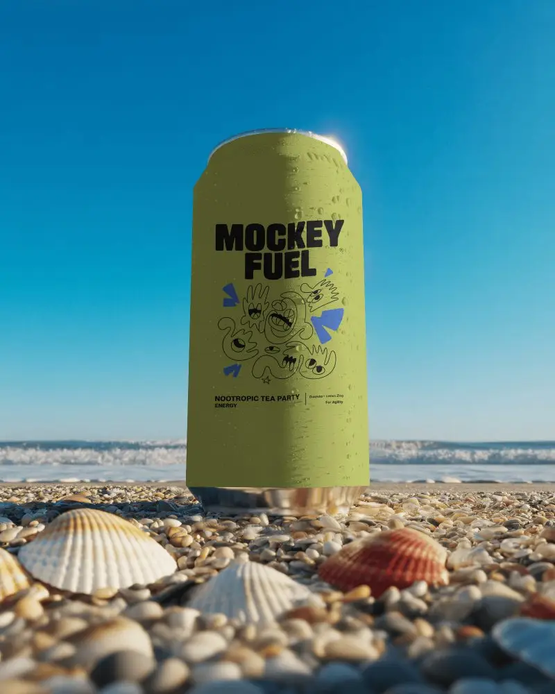 Beach Vibes Can Mockup Cold Metal Beverage On Sandy Shore With Seashells And Sunlight
