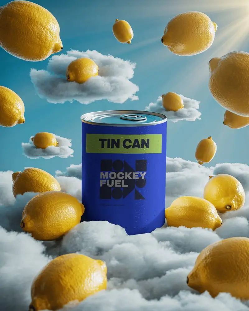 Lemon Dream Can Mockup Floating Fruits In Cloudy Sky With Refreshing Citrus Vibe