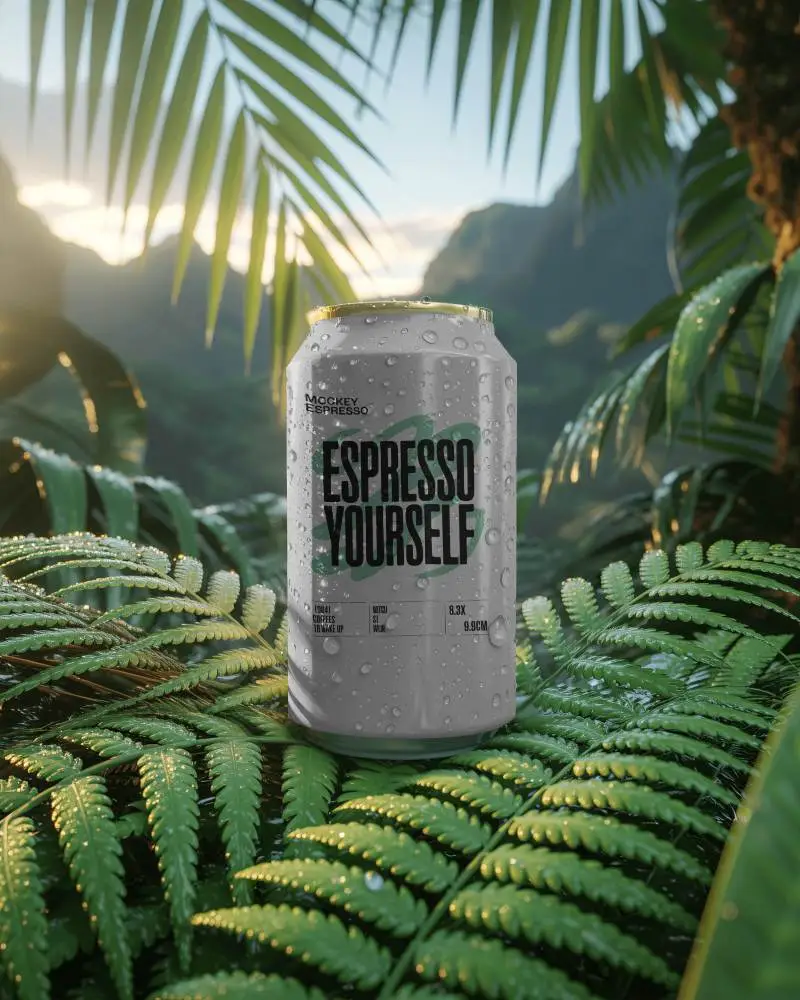 Tropical Jungle Can Mockup Cold Beverage With Water Drops On Green Fern Leaves