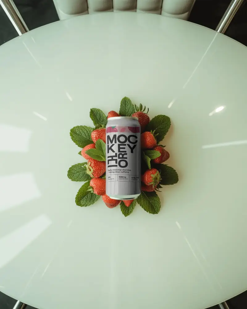 Strawberry Mint Can Mockup Refreshing Drink Surrounded By Fruits And Leaves On Glass Table