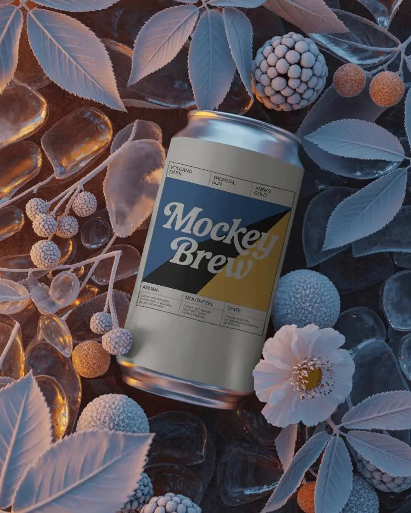 Frosty Berry Can Mockup Cold Beverage On Ice With Frozen Fruits And Pastel Leaves