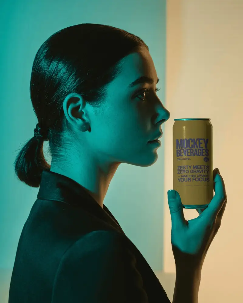 Cinematic Profile Can Mockup Woman Holding Metal Drink In Bicolor Neon Light Scene