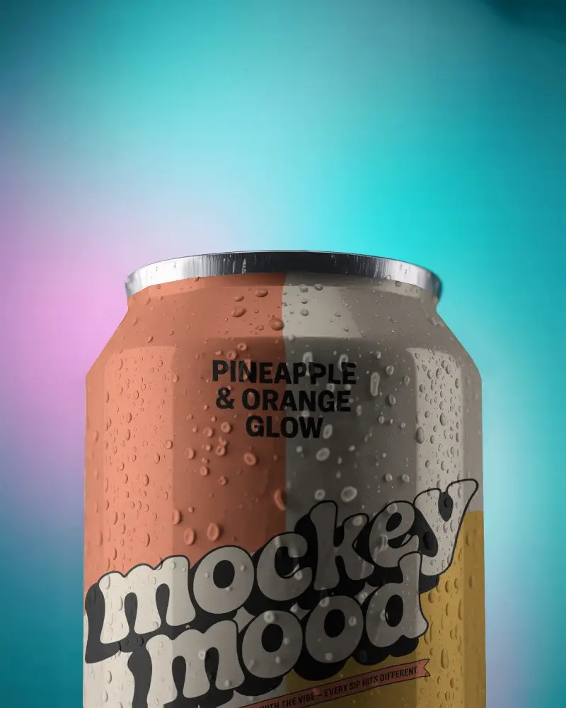 Closeup Cold Can Mockup Metal Beverage With Dew Drops And Vibrant Gradient Background