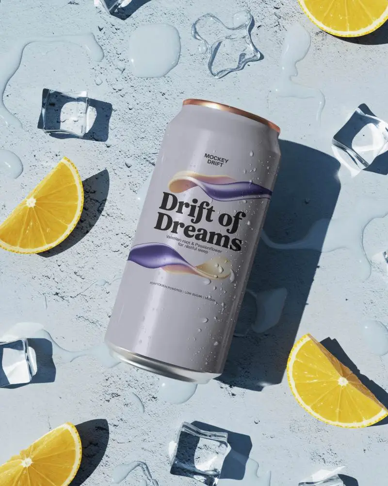 Citrus Fresh Can Mockup Cold Beverage On Blue Surface With Ice Cubes And Orange Slices