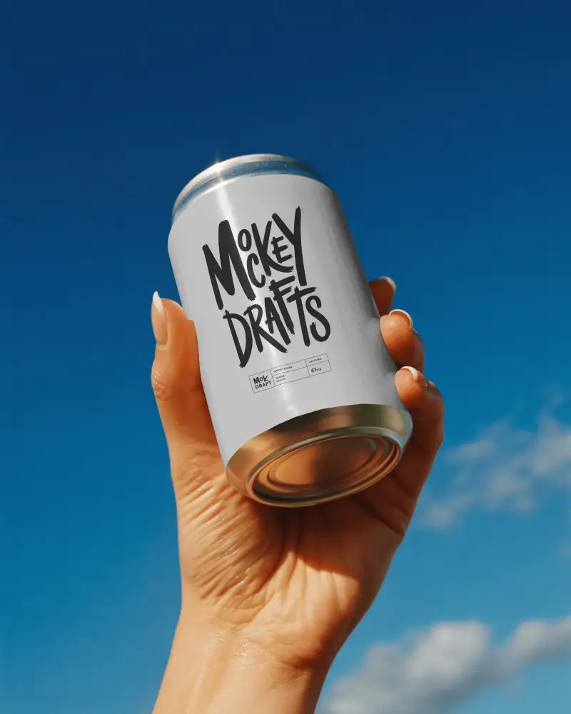 Bright Sky Can Mockup Hand Holding Metal Drink Under Clear Blue Daylight